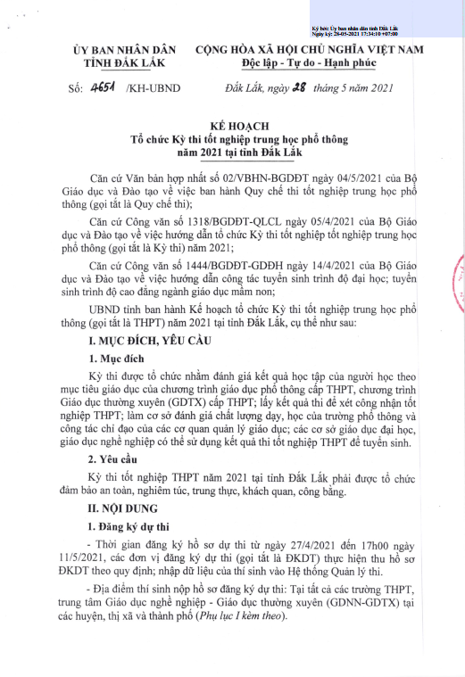 Kế hoạch tổ chức Kỳ thi tốt nghiệp trung học phổ thông năm 2021 tại tỉnh Đắk Lắk